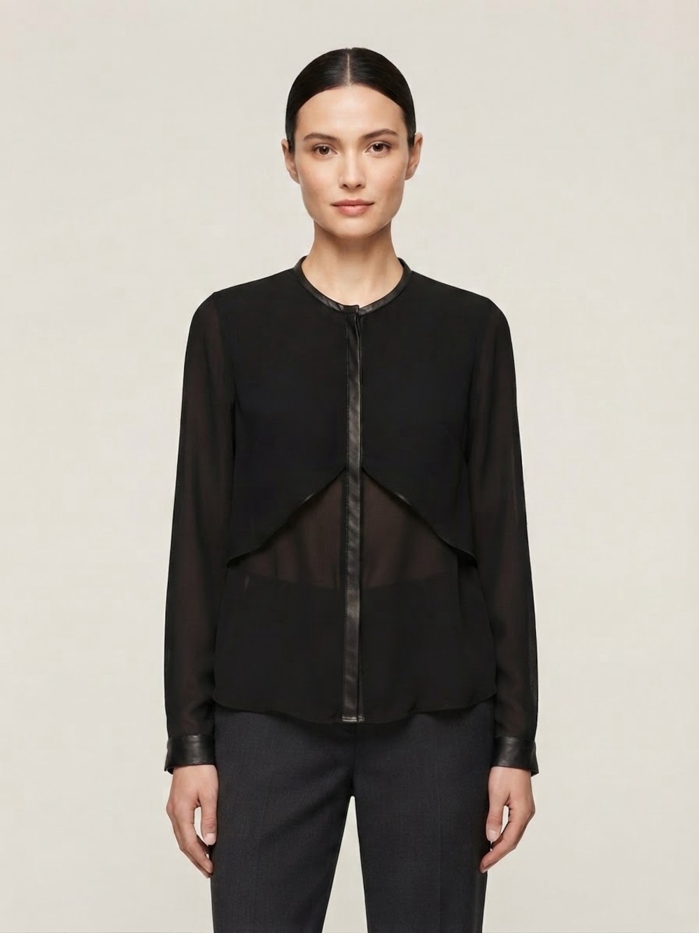 Rudsak Sz L Semi Sheer Black Leather Trim Button Front Minimalist Blouse